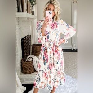 ANRABESS Women's Floral Midi Dress Puff Long Sleeve Casual Ruffle Chiffon S